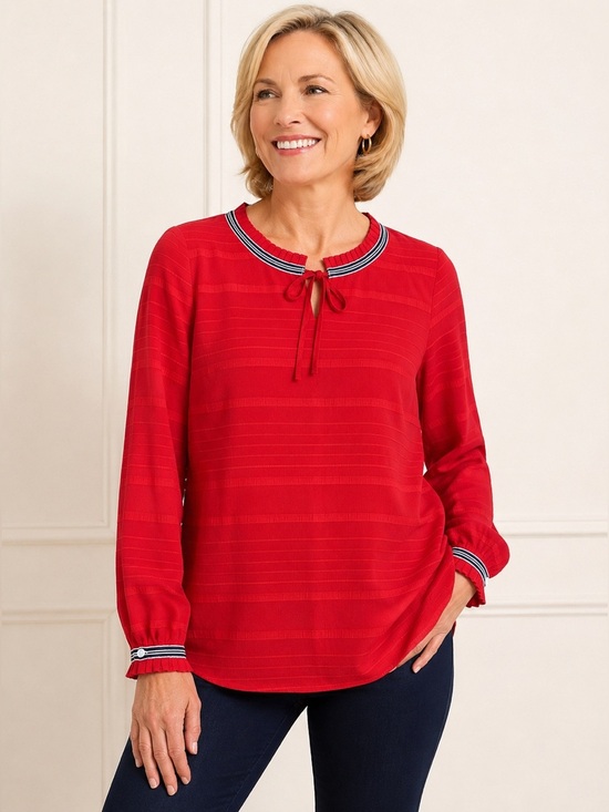 Talbots Tops - Talbots Red Textured Stripe Tie Neck Blouse Medium Nautical Trim Lined Top